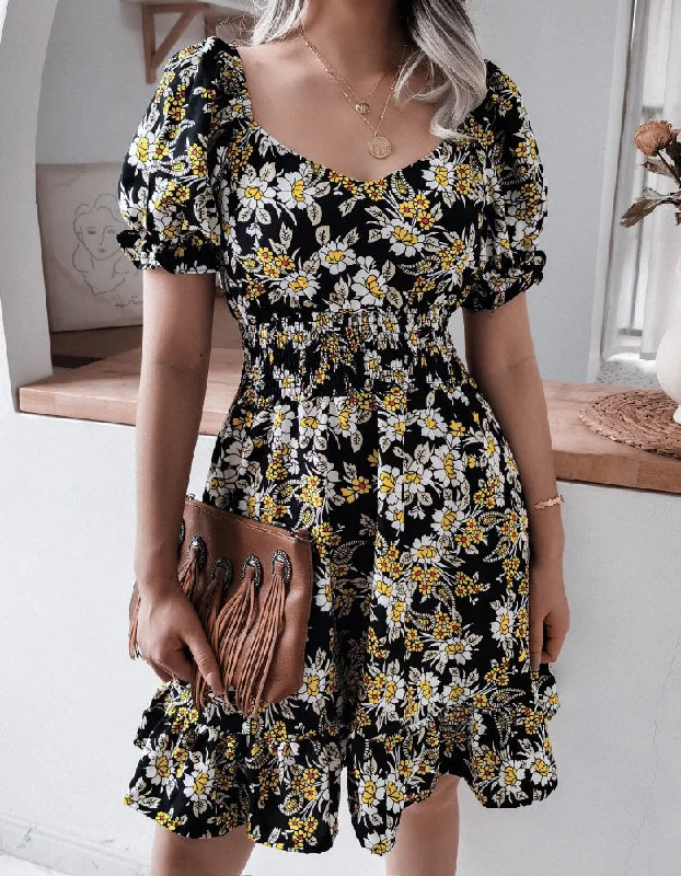 V Neck Short Sleeve Floral Printed Ruffle A Line Dresses Elegant floral dresses