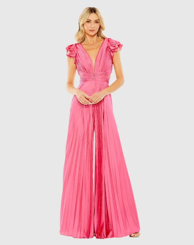 Pink Ruffle Cap Sleeve Cutout Heat Pleated Jumpsuit Mesh unclassified dresses