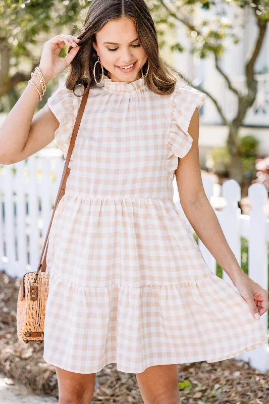 Best Day Ever Taupe Brown Gingham Babydoll Dress Stylish unclassified dresses