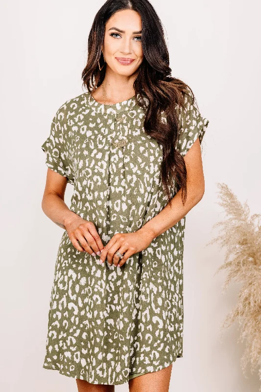Looking Forward Olive Green Leopard Shift Dress Club unclassified dresses