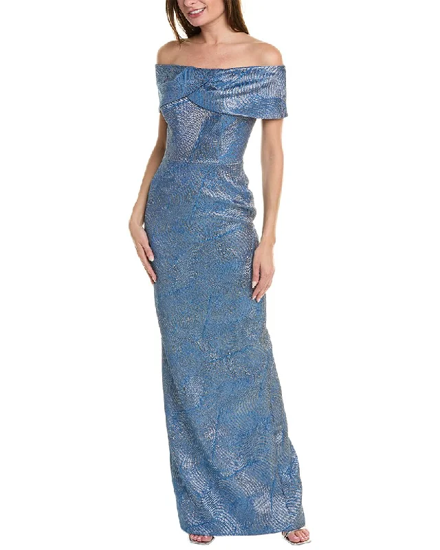 Teri Jon by Rickie Freeman Metallic Jacquard Gown Denim unclassified dresses