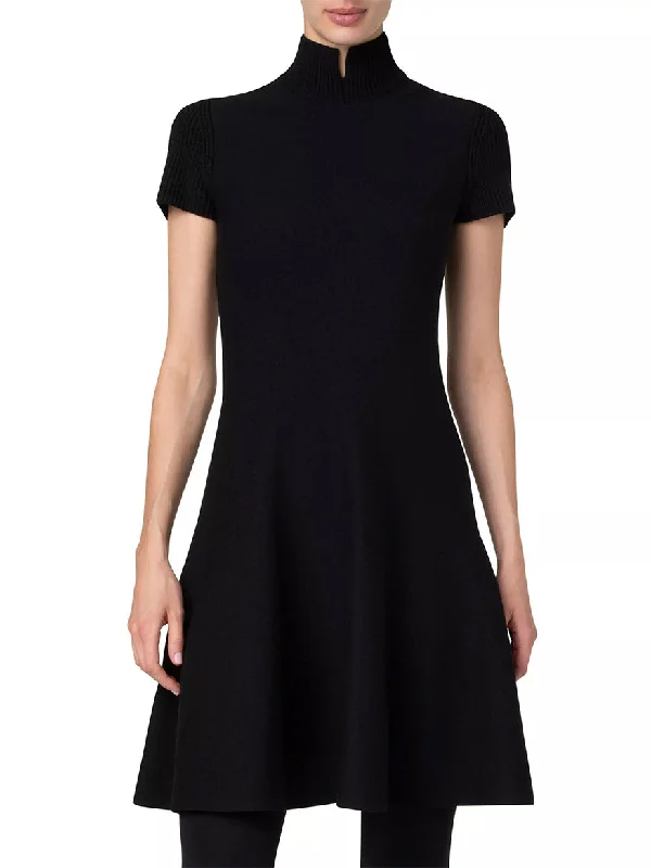 Akris Punto Short Fit-and-Flare Mockneck Wool Dress in Black Ripped Denim Skirt