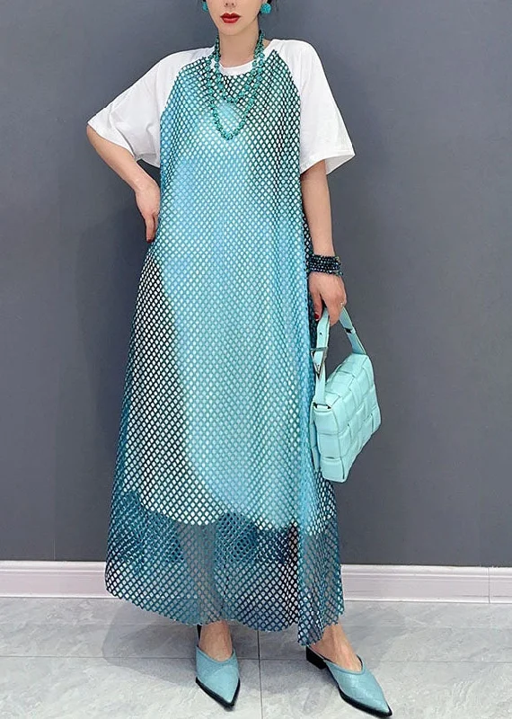 Modern Blue O Neck Patchwork Sheer Mesh Cotton Dress Short Sleeve LC0324 Pleated Mini Skirt