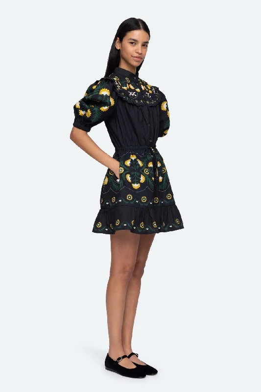 SEA NY Women Perle Print Puff Sleeve Pleated Ruffled Mini Dress Black High-waist Denim Skirt