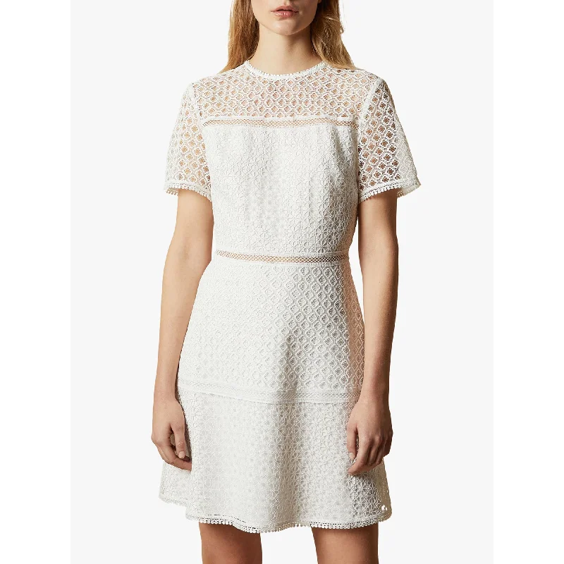 Ted Baker Women's Allara Short Sleeve Lace Mini Dress White Cocktail Printed Mini Skirt