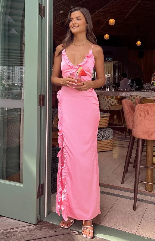 Nahanee Pink Satin Ruffle Maxi Dress Soft Flow Maxi