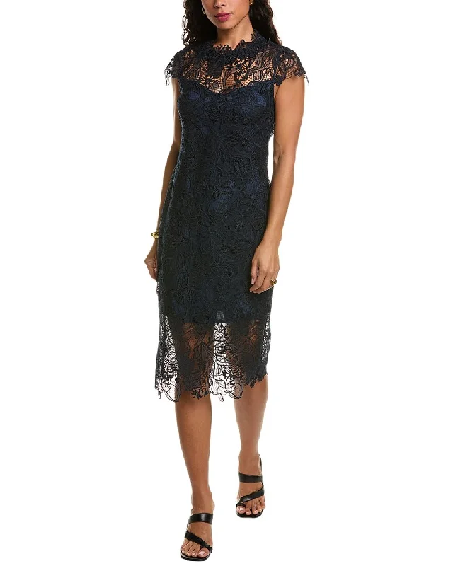 Elie Tahari Lace Applique Midi Dress Soft Denim Midi