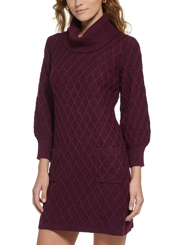 Womens Turtleneck Midi Sweaterdress Soft A-line Skirt